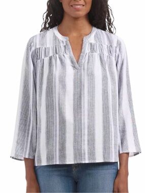 Splendid Striped Linen Blend  Blouse White Lavender Top Lightweight 3/4 Sleeve